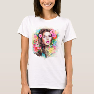 Schönes Mädchen mit rosa Blume weiß T-Shirt