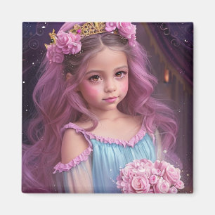 Schönes Mädchen mit rosa Blumen im Haar Magnet