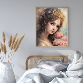 Schönes Mädchen mit rosa Rosen Poster