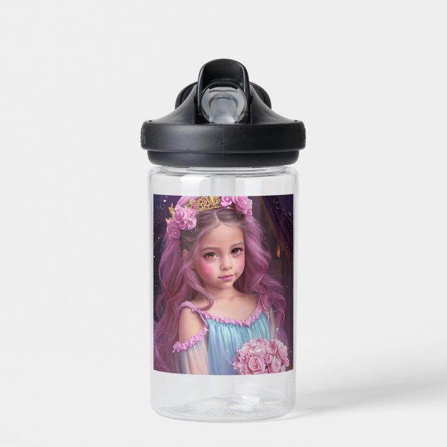 Schönes Mädchen mit rosafarbenen Blume in ihrer Ha Trinkflasche (Vorne)