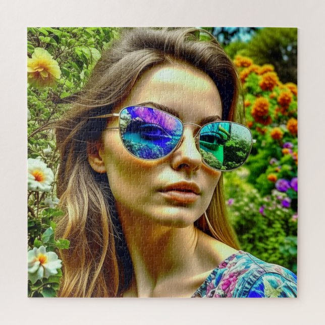 Schönes Mädchen mit Sonnenbrille Reflektion Blume (Vertikal)