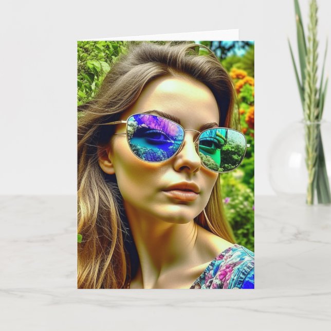 Schönes Mädchen mit Sonnenbrille Reflektion Blume Karte (Vorderseite)