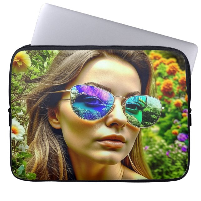Schönes Mädchen mit Sonnenbrille Reflektion Blume Laptopschutzhülle (Vorderseite)
