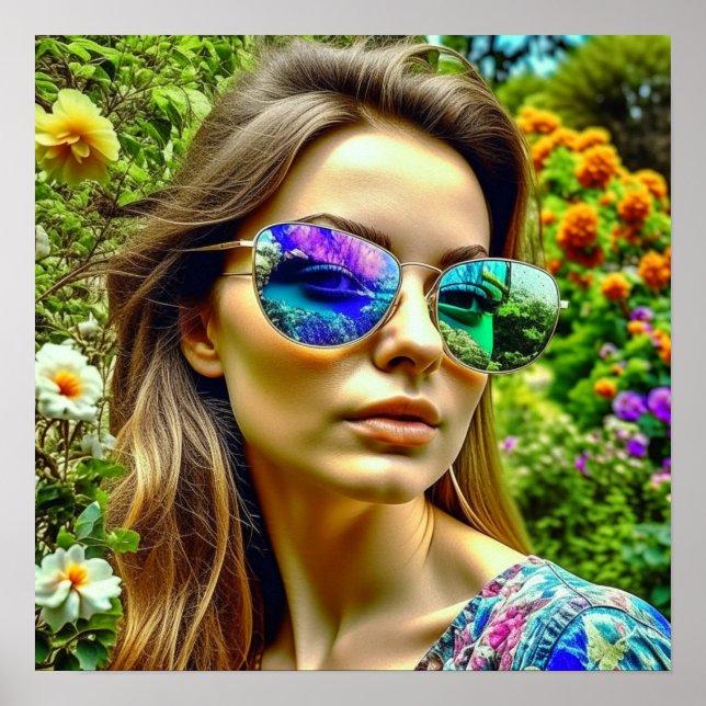 Schönes Mädchen mit Sonnenbrille Reflektion Blume Poster (Vorne)