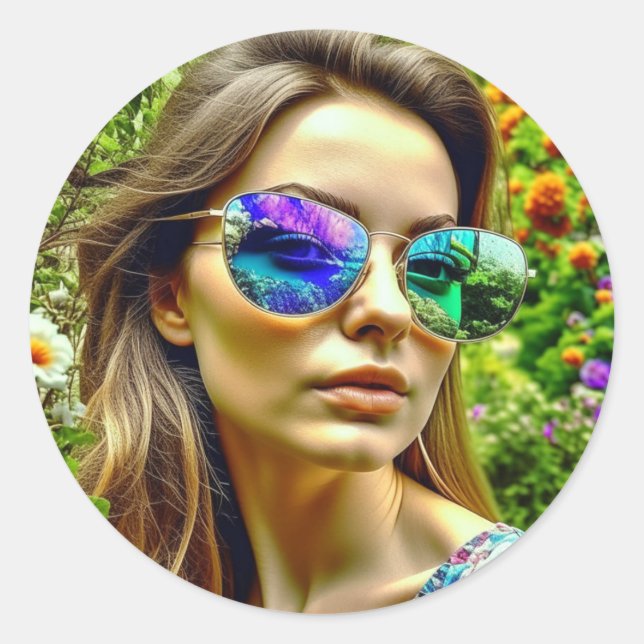 Schönes Mädchen mit Sonnenbrille Reflektion Blume Runder Aufkleber (Vorderseite)