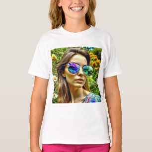 Schönes Mädchen mit Sonnenbrille Reflexionsblumen T-Shirt
