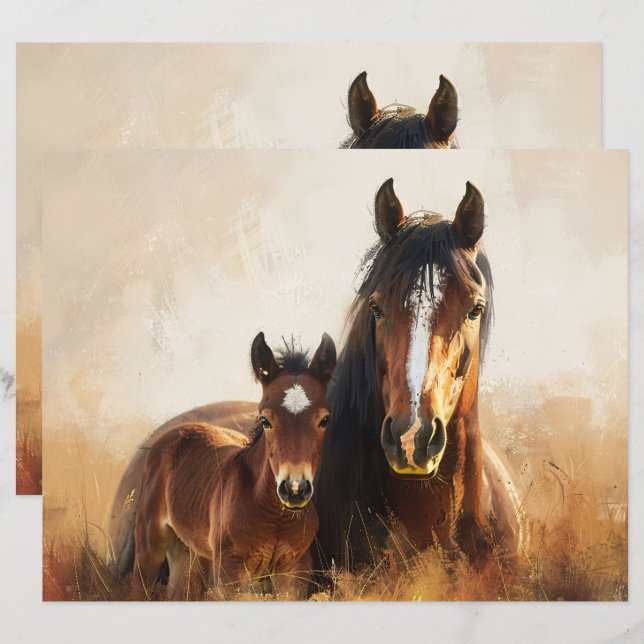 Schönes Mare and Foal Painting Scrapbook Paper (Vorne/Hinten)