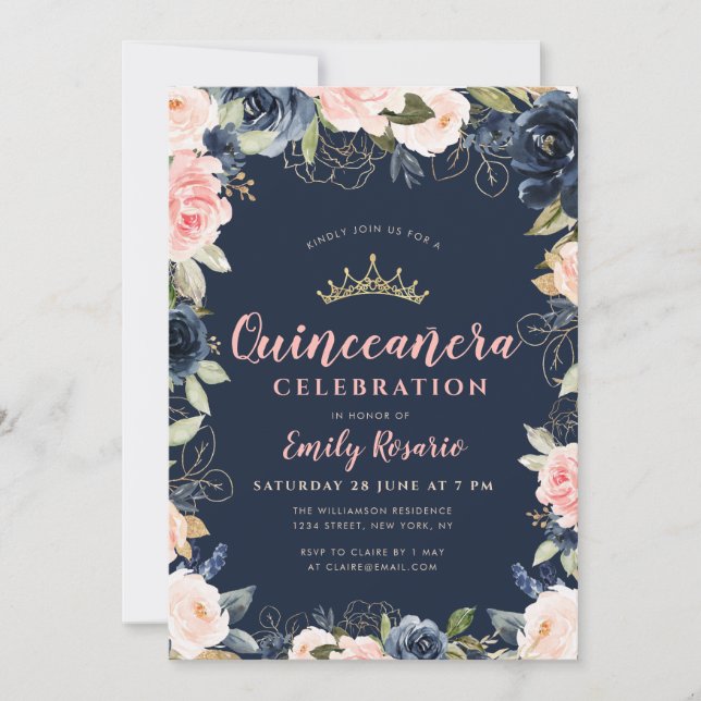 Schönes marineblau & rot florale quinceañera einladung (Vorderseite)