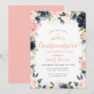 Schönes Marineblau und rosa Quinceñera Einladung