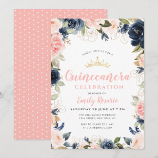 Schönes Marineblau und rosa Quinceñera Einladung