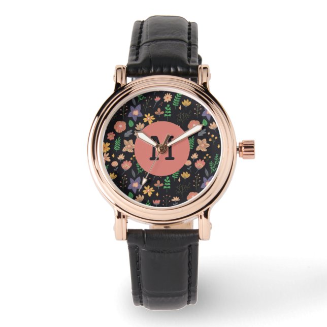 Schönes modernes dunkles Blumenmuster Monogramm Armbanduhr (Vorderseite)