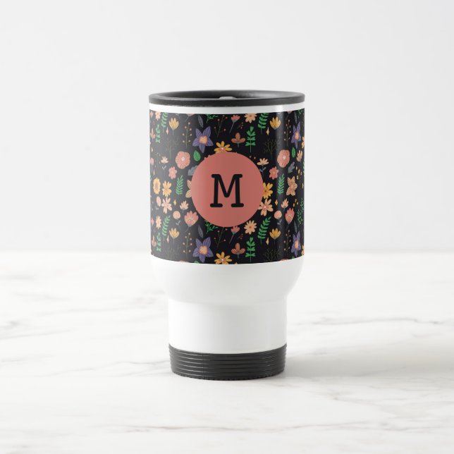 Schönes modernes dunkles Blumenmuster Monogramm Reisebecher (Mittel)