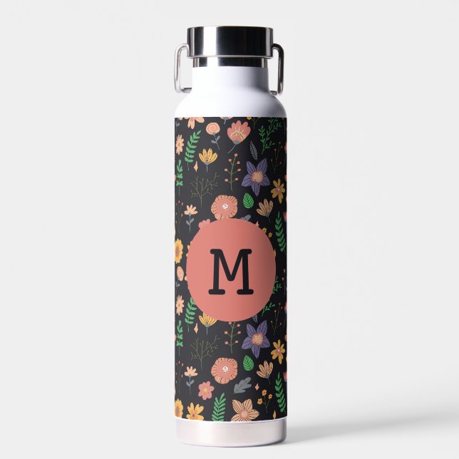 Schönes modernes dunkles Blumenmuster Monogramm Trinkflasche (Vorne)