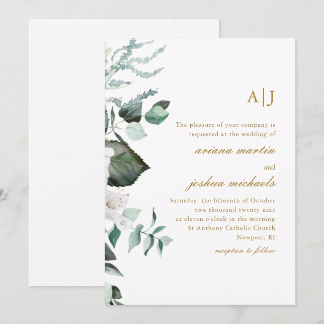 Schönes Monogramm aus weißer Blüte und Grün Einladung (Vorne/Hinten)