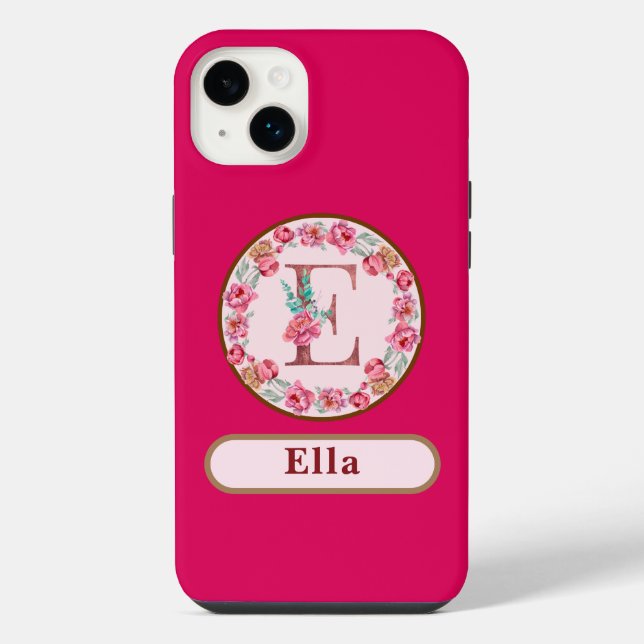 Schönes Monogramm E Blumenmuster  iPhone 14 Plus Hülle (Rückseite)