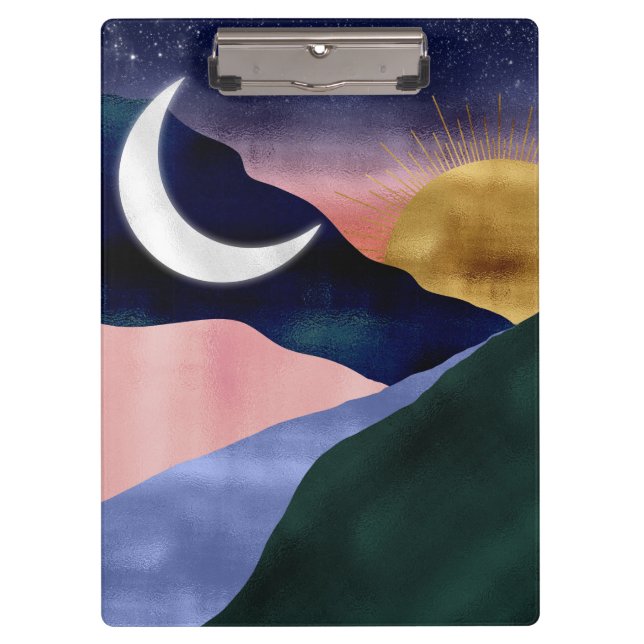 Schönes Mountain River Moon Sunset Design Klemmbrett (Vorderseite)