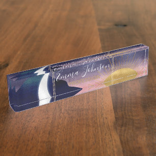Schönes Mountain River Moon Sunset Design Namensplakette