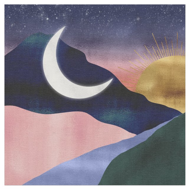 Schönes Mountain River Moon Sunset Design Stoff (Nahaufnahme)