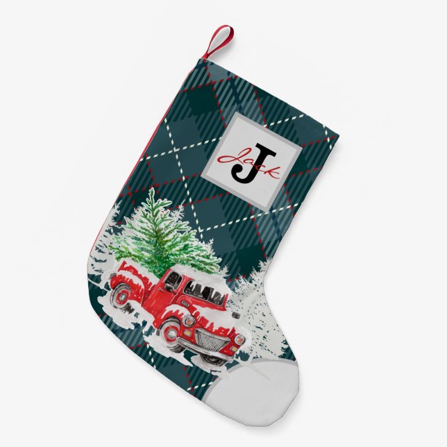 Schönes Muster mit Monogramm roter LKW blau karier Kleiner Weihnachtsstrumpf (Vorderansicht (hängend))