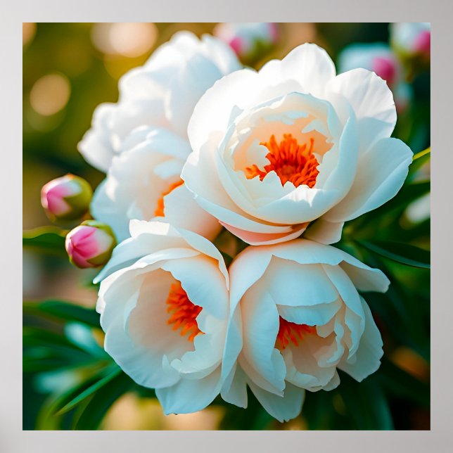 Schönes Nah-Up blühender weißer Peonies Poster (Vorne)
