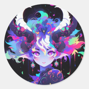 Schönes Neon Anime Demon Elf Girl mit Hörnern Runder Aufkleber