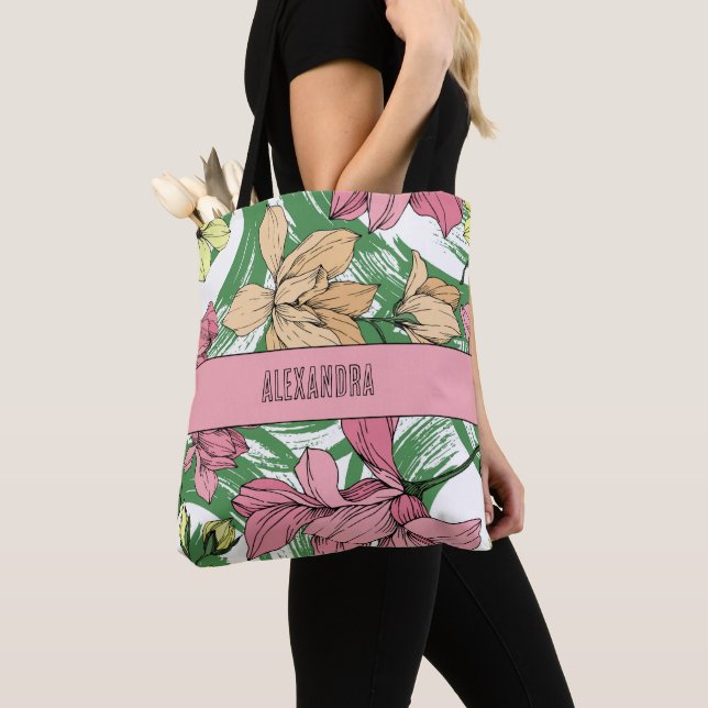 Schönes niedliches rosa und grünes blumenfreies Mo Tasche (Von Nahem)