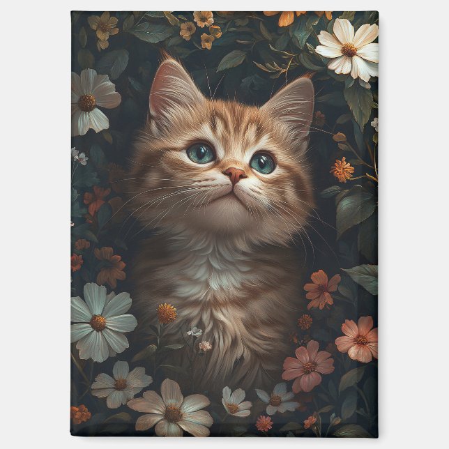 Schönes Orange Kitten mit Wildblumen Magnet (Vorderseite)