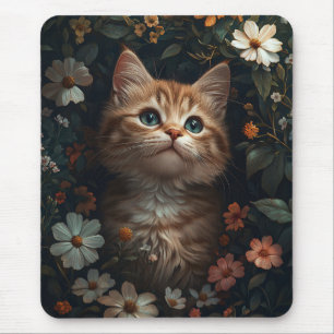 Schönes Orange Kitten mit Wildblumen Mousepad