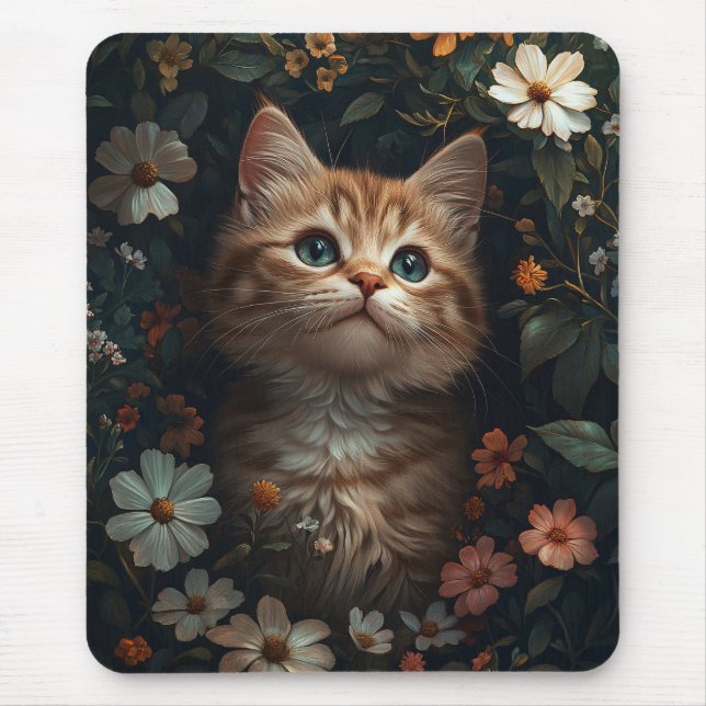 Schönes Orange Kitten mit Wildblumen Mousepad (Vorne)
