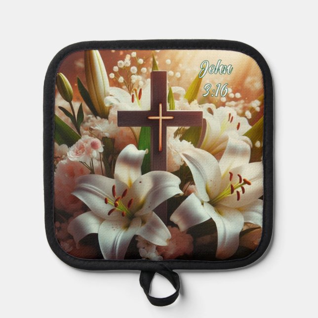Schönes Osterlilienkreuz Topflappen (Vorderseite)