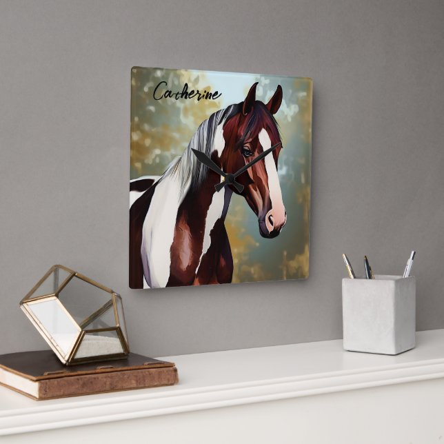 Schönes Paint Horse Quadratische Wanduhr (Büro)