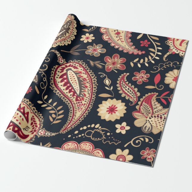 Schönes Paisley Muster Dunkle Marine und Red Mix Geschenkpapier (Ungerollt)