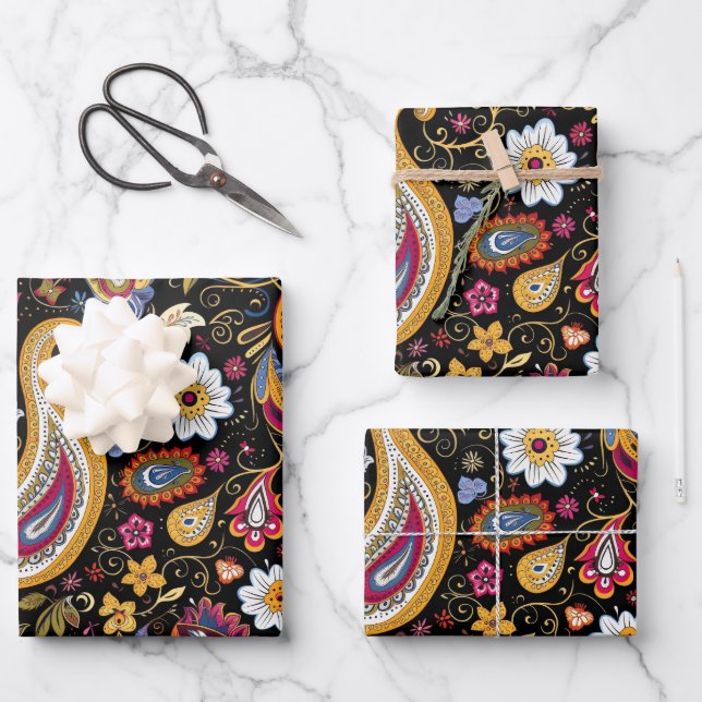 Schönes Paisley Pattern Schwarz farbenfroh Geschenkpapier Set (Vorderseite)
