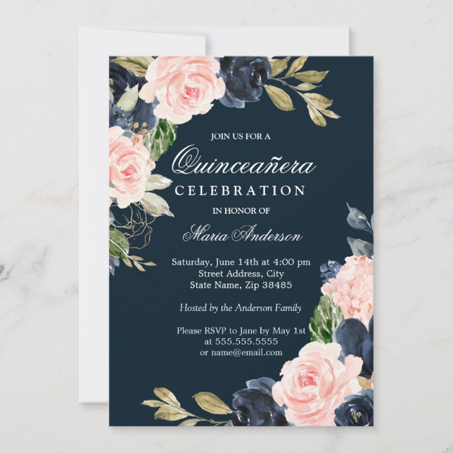 Schönes Party mit Blush & Navy Elegantes Quinceane Einladung (Vorderseite)
