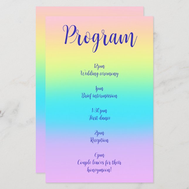 Schönes Pastel Rainbow Gradient Wedding Program (Vorne/Hinten)