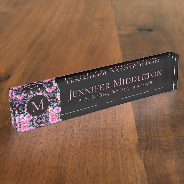 Schönes, Personalisiertes rosa Schwarzes Floral Mo Namensplakette (Seite)