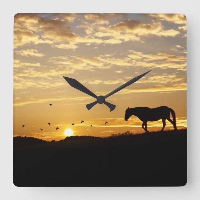 Schönes Pferd im Sonnenuntergang Quadratische Wanduhr (Vorderseite)