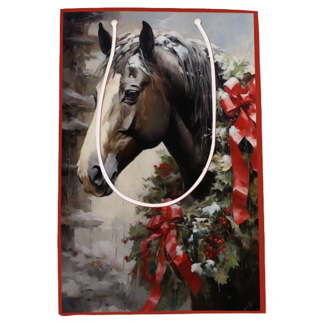 Schönes Pferd mit Winterkraut Weihnachten Mittlere Geschenktüte (Vorderseite)