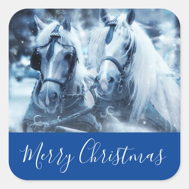 Schönes Pferd Team Winter Foto Frohe Weihnachten Quadratischer Aufkleber (Vorderseite)