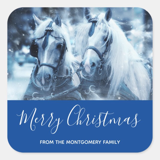 Schönes Pferd Team Winter Foto Weihnachten Quadratischer Aufkleber (Vorderseite)