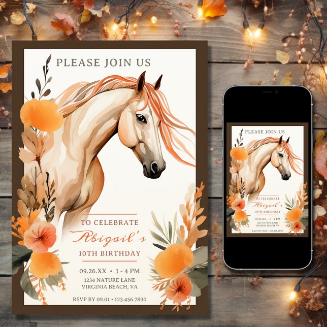 Schönes Pferd und Blume Herbst Herbst Geburtstag Einladung (Printed and Digital - Beautiful Horse and Autumn Flowers Fall Birthday Invitation)