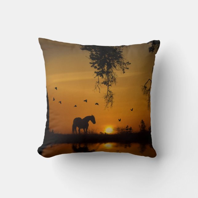 Schönes Pferd und Eichenbaum Sonnenuntergang Kissen (Vorderseite)