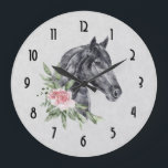 Schönes Pferdekopf Portrait Wasserfarbe Große Wanduhr<br><div class="desc">Eine Uhr mit einer schönen Abbildung eines schwarzen Pferdekopfes mit einem extravaganten Blumengeschmack am Hals. Elegante und klassische Tiermalerei.
Graumotlicher Hintergrund</div>