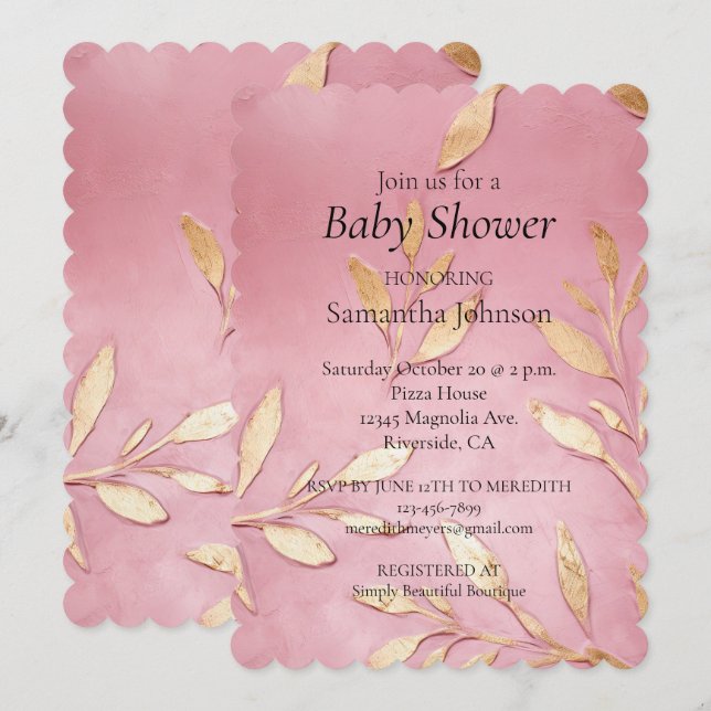 Schönes Pink Glam Gold Blätter Kinderdusche Einladung (Vorne/Hinten)
