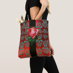 SCHÖNES PINK ROSE AQUAMARIN BLAU RED BLACK DAMASK TASCHE