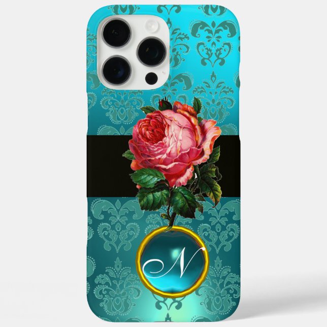 SCHÖNES PINK ROSE BLUE AQUAMARIN DAMASK GEM MONOGR iPhone 16 PRO MAX HÜLLE (Rückseite)