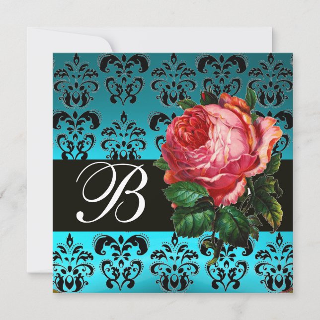 SCHÖNES PINK ROSE BLUE BLACK DAMASK MONOGRAMM EINLADUNG (Vorderseite)