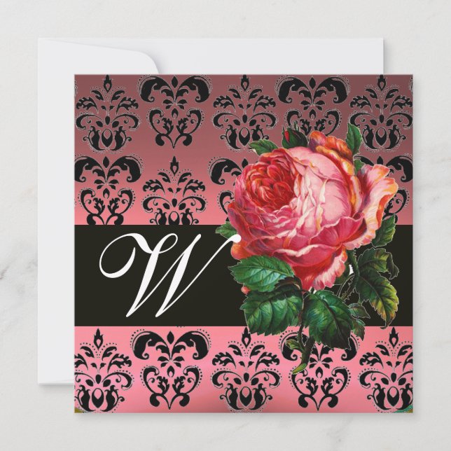 SCHÖNES PINK ROSE SCHWARZ-WEISS DAMASK MONOGRAMM EINLADUNG (Vorderseite)