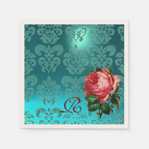 SCHÖNES PINKROSE, AQUAMARINES BLAUES DAMASK-MONOGR SERVIETTE