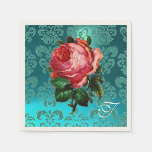 SCHÖNES PINKROSE, AQUAMARINES BLAUES DAMASK-MONOGR SERVIETTE